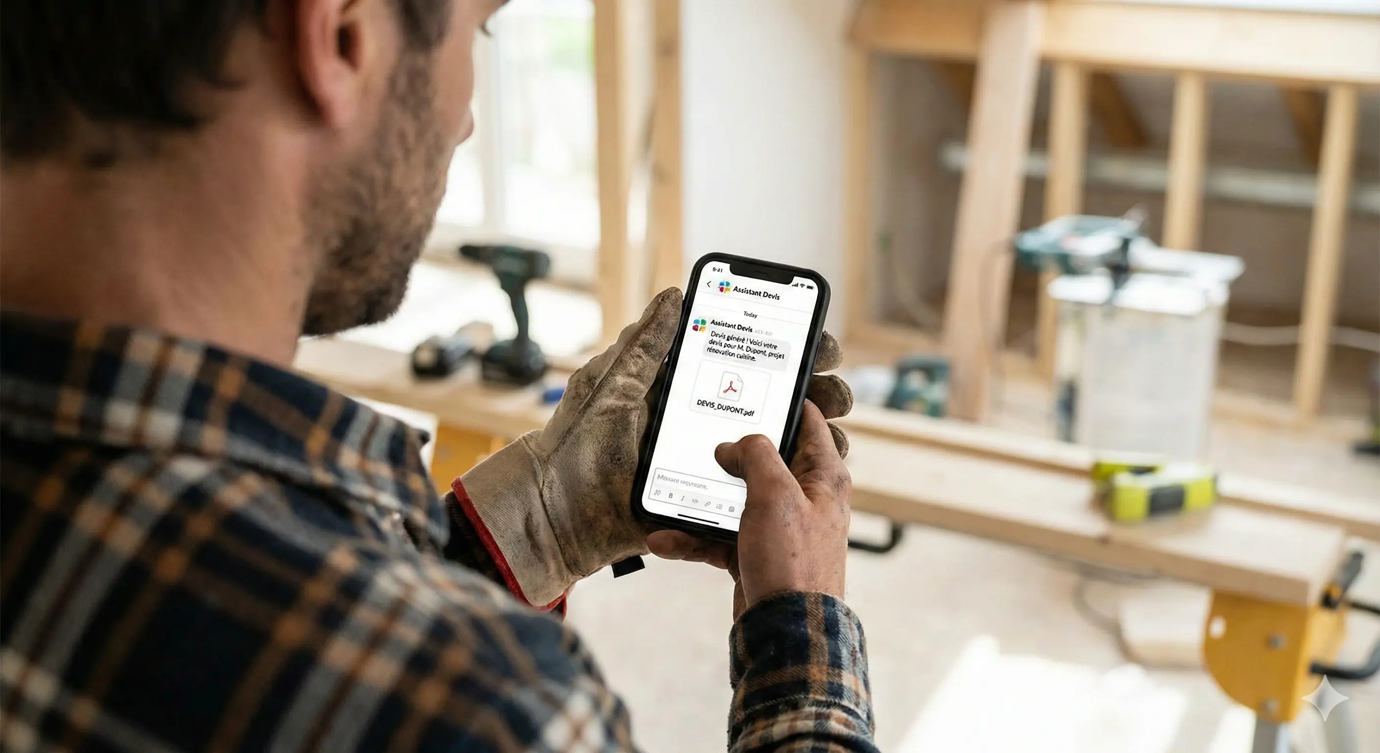 Menuisier dans son atelier utilisant Agent Devis